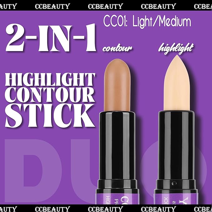 CCbeauty 2-IN-1 Matte Contour Stick,Cream Dual Highlight Concealer Stick, Highlighting & Contouring Kit, Bronzer Highlighter Sticks for Face Shaping Makeup, Long Lasting & Waterproof