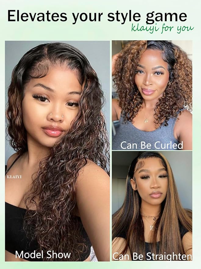 KLAIYI Ombre Brown Water Wave Bye Bye Knots Glueless Wig Human Hair Pre Cut 7x5 Lace Front Wigs Drawstring Pre Plucked Bleached Highlight Balayage Curly Ready to Wear and Go Wig with Dark Roots 24Inch