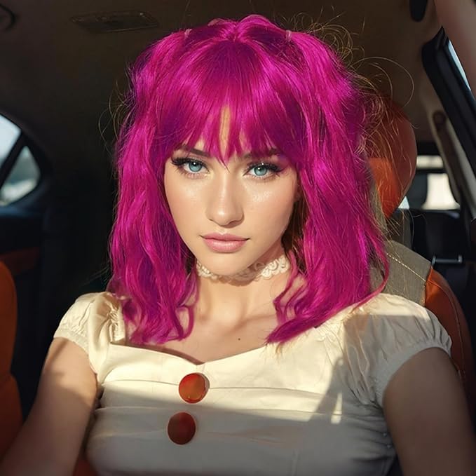 FAELBATY Short Curly Wavy Hot Pink Wigs with Air Bangs Shoulder Length Wig for Women Synthetic Halloween Cosplay Costume for Girl (12" Hot Pink)