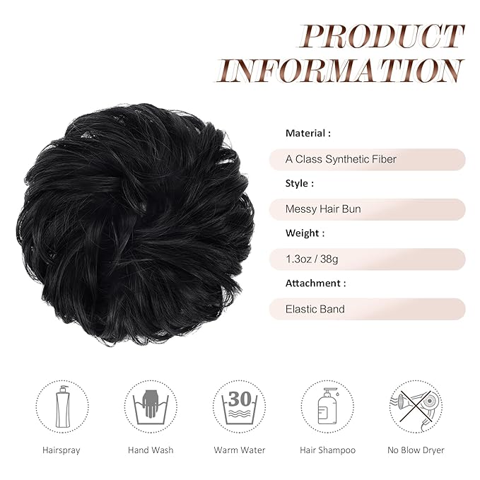 FESHFEN Messy Bun Hair Piece - Elastic Wavy Curly Hair Bun Scrunchies Extensions Synthetic Chignon Hairpieces for Women Girls, Black 1.5 oz