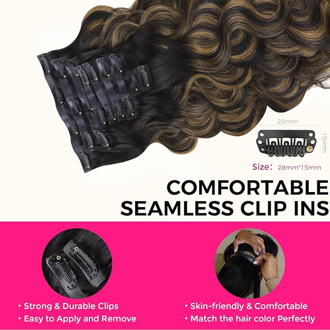 Lashey Seamless Clip in Hair Extensions Human Hair 130g 9pcs 16 Inch Body Wave Natural Black Mixed Chestnut Brown Clip in Hair Extensions for Women