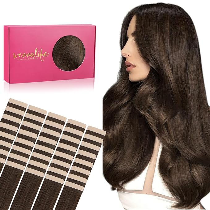 WENNALIFE Tape in Hair Extensions Human Hair, 40pcs 100g 20 inch Chocolate Brown Hair Extensions Real Human Hair Straight Tape in Extensions Invisible Human Hair Extensions Reusable Hair Extensions
