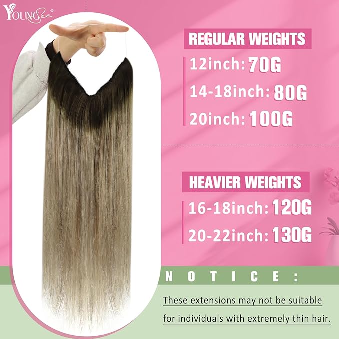 YoungSee 135G Hair Extensions Wire Brown Blonde Human Hair Wire Extensions for Women Fish Line Hair Extensions Real Human Hair Balayage Walnut Brown Balayage Light Blonde 24inch