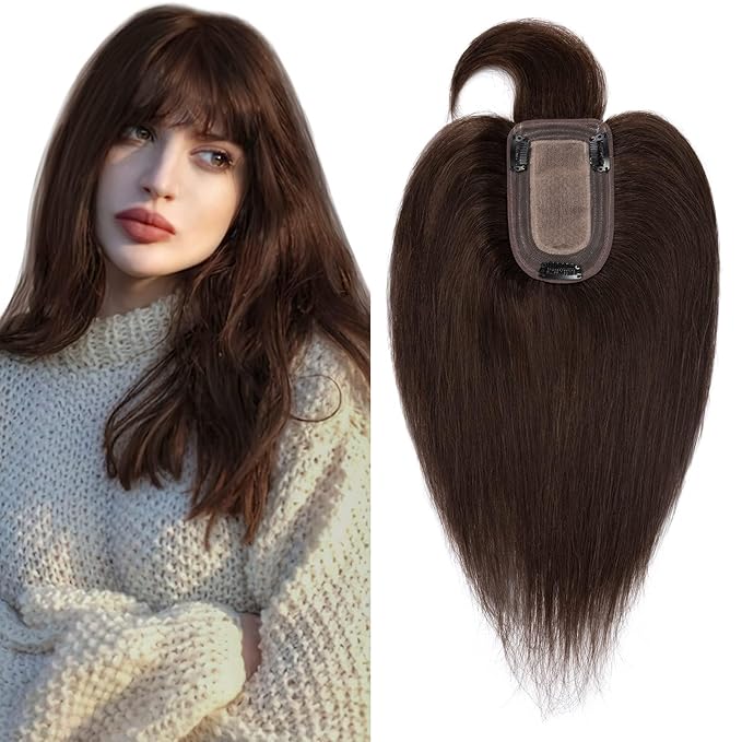 SEGO Hair Toppers for Women Real Human Hair with Front Bangs, Clip in Toppers with Thinning Hair Straight 150% Density Silk Base -6 Inch #2 Dark Brown