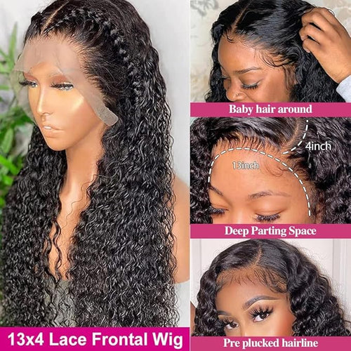 32 Inch Deep Wave Lace Front Wig Human Hair 13x4 Curly Wigs for Black Women Pre Plucked with Natural Baby Hair 180 Density Brazilian Virgin Lace Frontal Wet and Wavy Wig Human Hair