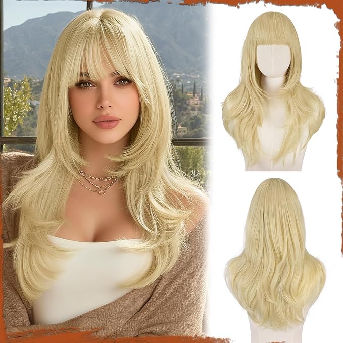 SOFEIYAN Light Blonde Wigs with Bangs 24 Inch Long Straight Layered Wig Natural Hair Soft Heat Resistant Synthetic Medium Length Hair Wigs for Women Daily Party Use
