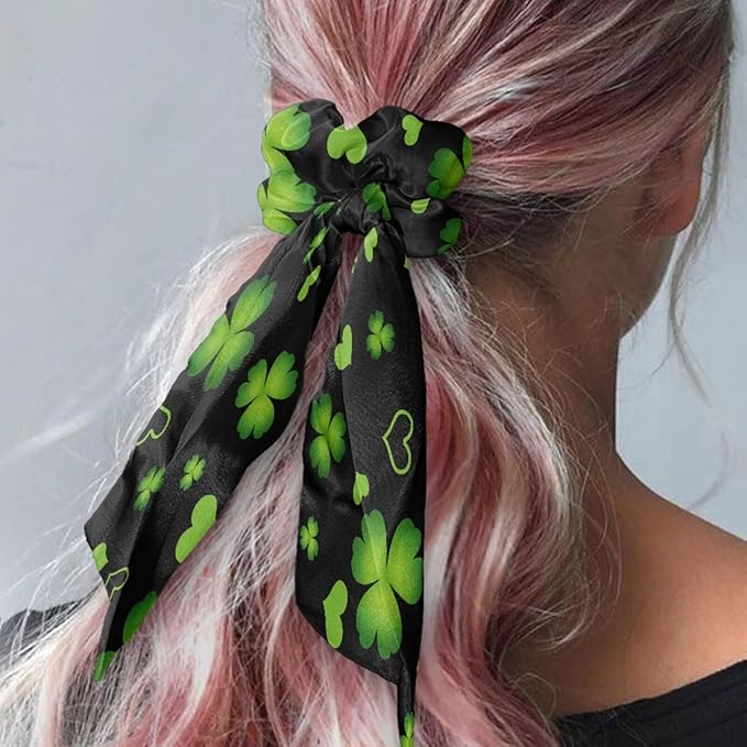 Green Four Leaf Ribbon Bow Hair Ties for Girls 2 Pcs Paw Print Scrunchies with Ribbon Tails St Patricks Theme Hair Scarf Scrunchy No Damage