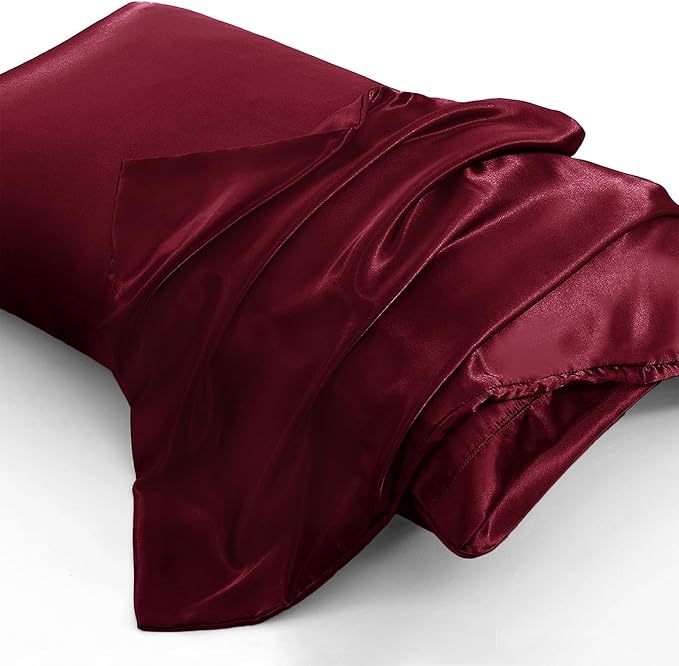 Aormenzy Satin Pillow Cases for Women Queen Size Set of 2, Burgundy Satin Pillowcase for Hair with Envelope Closure Silky Pillow Covers Wrinkle, Fade Resistant (20x30 Inches)