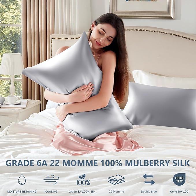 Silk Pillow Cases Standard Size 100% Mulberry Silk Pillowcase for Hair & Skin 22 Momme Both Sided Grade 6A Silk Cooling Soft Breathable 20 x 26 Inches with Hidden Zipper 1PC, Grey