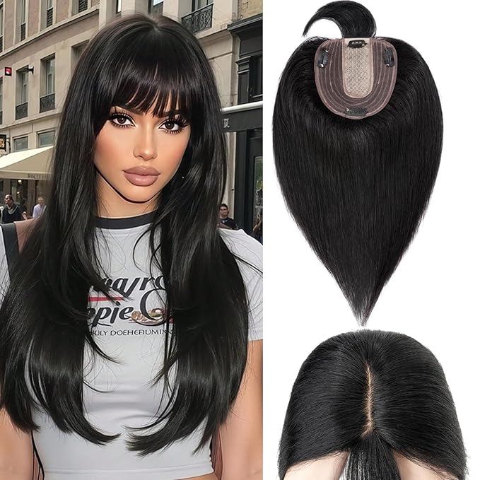 Rich Choices Real Human Hair Topper With Bang - 100% Remy Hair for Women With Thinning Hair - Clip in Silk Base 12 Inch #1 Jet Black