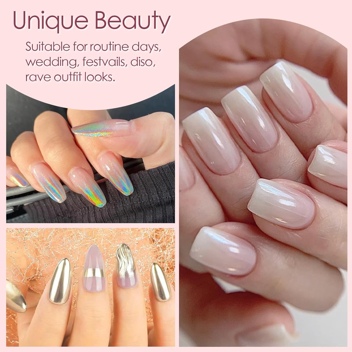 Allstarry Chrome Nail Powder 4pcs White Pearl Chrome Pigment Powder Iridescent Holographic Nail Glitter Dust Metallic Mirror Effect Pigment for Nail Gel Manicure DIY at Home Salon Women Gifts