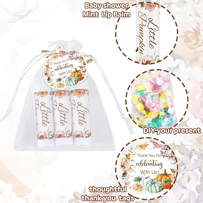 Demissle 50 Pcs Baby Shower Lip Balm Gift Set with 100 Pcs Organza Bags Baby Shower Party Favor for Guest Thank You Tag Rope Baby Shower Party Decoration Gender Reveal Souvenirs (Pumpkin and Flowers)