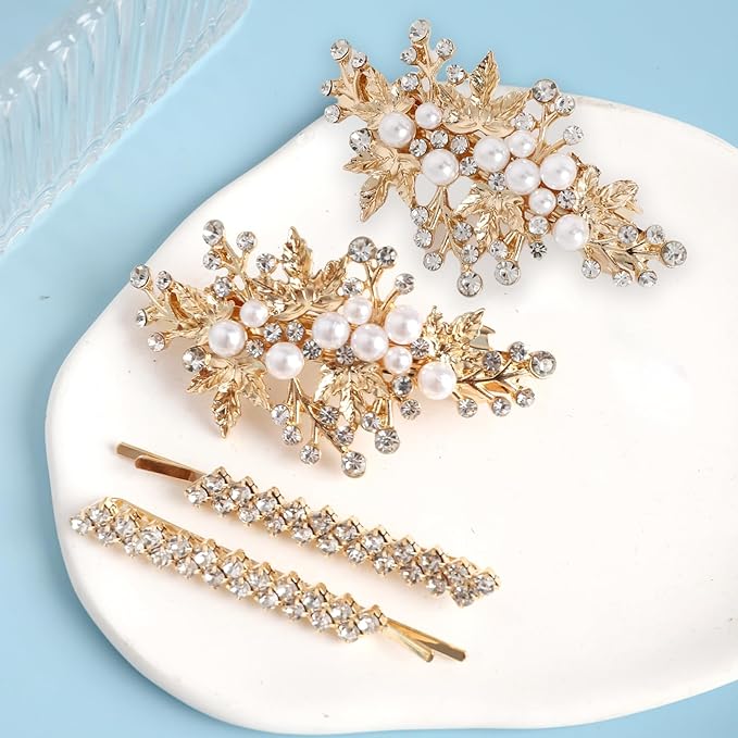 4PCS Gold Rhinestone Pearl Hair Clips, Wedding Bridal Leaf Hair Barrette, Sparkly Glitter Hair Pins Accessories for Women and Girls (Gold)
