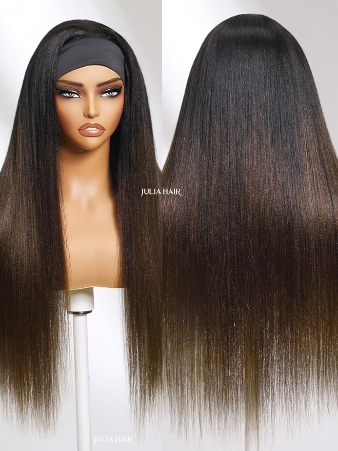 Julia Hair 12A Headband Wig Human Hair Yaki Straight Glueless None Lace Half Wig With Pre-attached Scarf Ombre Chestnut Brown Highlight With Dark Roots for Black Women Put on and Go 24 Inch