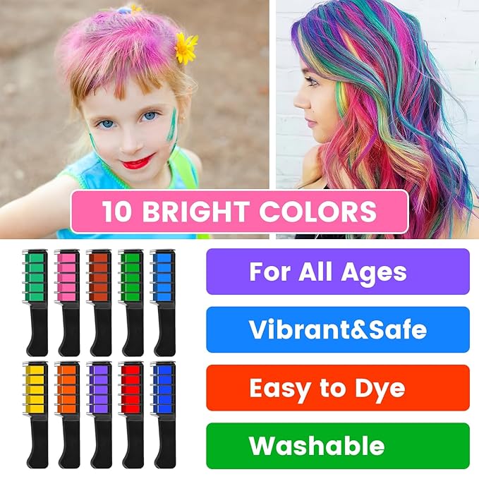10 Color New Hair Chalk Comb Temporary Bright Hair Color Dye for Kids,Washable Hair Chalk Girls New Year Birthday Cosplay DIY(Dark Blue&Blue&Green&Purple&Brown&Pink&Orange&Red&Dark Green&Yellow)