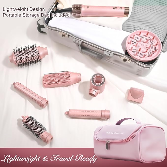 StyleVibe 8-in-1 Air Styler, Hair Dryer & Blow Dryer Brush with Travel Case - Auto Wrap Curls (L/R), Fast Drying, Thermal Round Brush for Smooth Blowouts & Frizz-Free Volume, No Heat Damage
