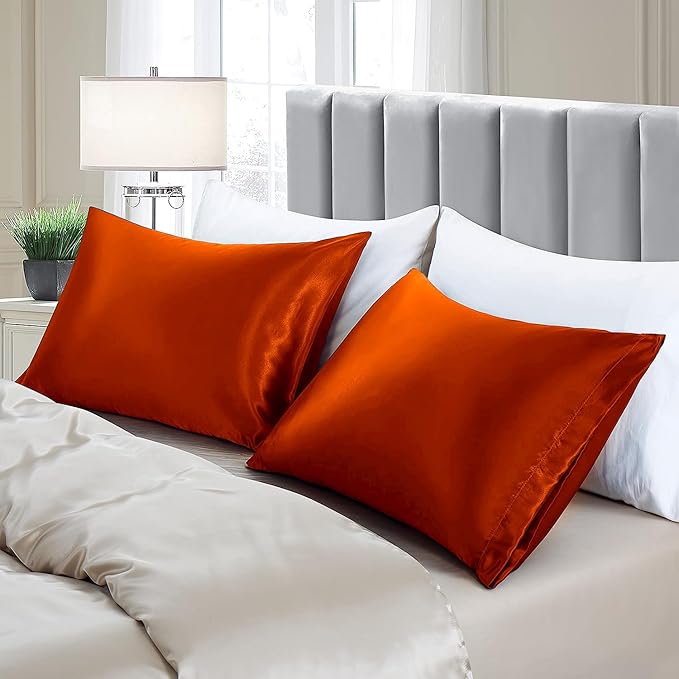 Aormenzy Satin Pillow Cases for Women Queen Size Set of 2, Burnt Orange Satin Pillowcase for Hair with Envelope Closure Silky Pillow Covers Wrinkle, Fade Resistant (20x30 Inches)