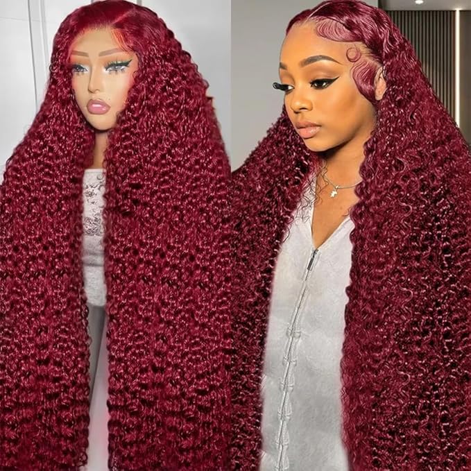 36 Inch 99J Burgundy Lace Front Wigs Human Hair Red Burgundy Wig 200% Density 13x6 Deep Wave Lace Front Wigs Human Hair Pre Plucked Glueless Lace Frontal Wigs for Women