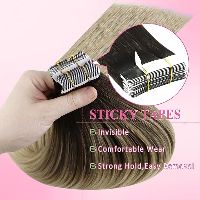YoungSee Tape in Hair Extensions Human Hair Ombre Invisible Tape in Hair Extensions Balayage Dark Brown to Blonde Hair Extension Tape-in Human Hair 12Inch 20pcs for Short Straight Hair 30g
