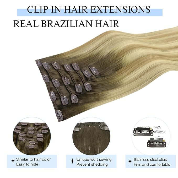 DOORES Hair Extensions Clip in, Light Ash Brown to Light Blonde Highlighted Golden Blonde 18 Inch120g 7pcs, Remy Clip in Human Hair Extensions Natural Hair Extensions Thick Hair Extensions