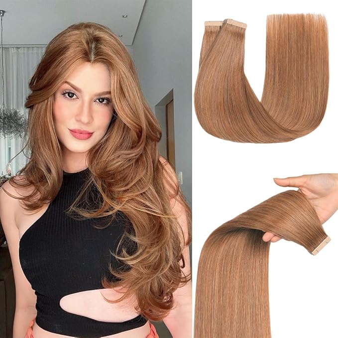 Light Brown Tape in Hair Extensions Human Hair, 20pcs 16 Inch Remy Hair Extensions Straight Human Hair Tape in Extensions Skin Weft Tape Extensions Human Hair (30#,16 Inch)