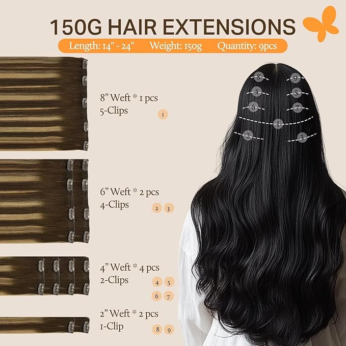 DOORES Hair Extensions Clip in Human Hair, Balayage Chocolate Brown to Caramel Blonde 150g 9pcs 16 Inch, Remy Human Hair Extensions Clip in Hair Extensions Real Human Hair Straight Thick Extensions