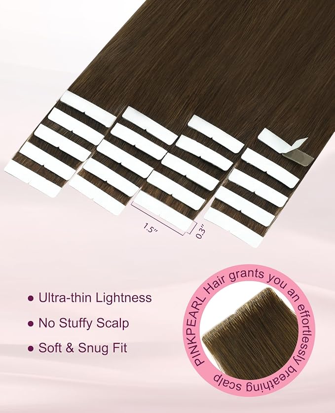 Pinkpearl Invisible Tape in Hair Extensions Human Hair, 20pcs 20inch 55g #4 Chocolate Brown Injection Tape in Extensions Real Remy Straight Seamless Silky Human Hair Injected