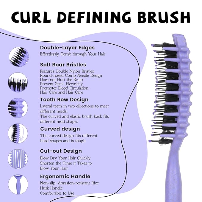 Curl Defining Brush for Curly Hair, Flexi Vented Brush for Faster Drying Hair, Detangling and Shaping to Reduce Pulling (Purple)