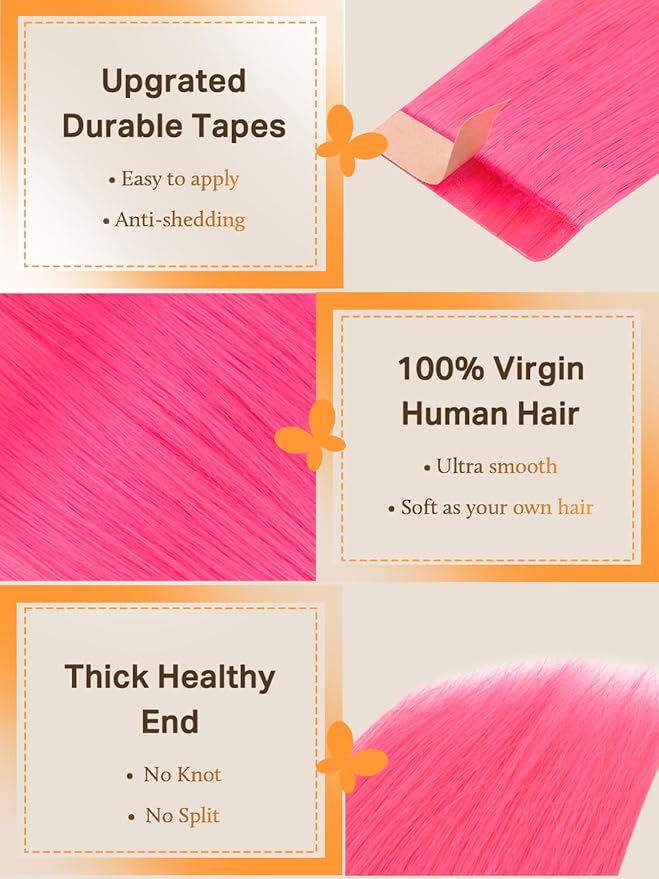 DOORES Hair Extensions Human Hair Tape in, Hot Pink 14 Inch 25g 10pcs, Tape in Human Hair Extensions Remy Straight Hair Double Side Tape Remy Human Hair Extensions