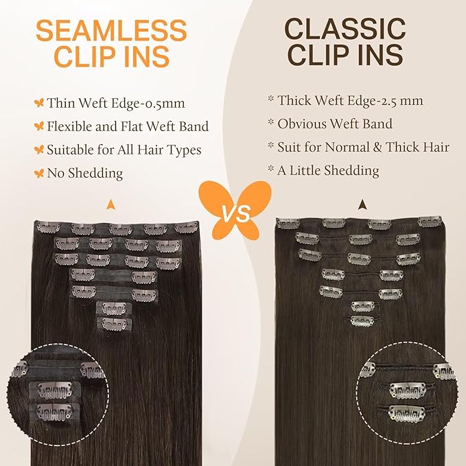 DOORES Seamless Clip-in Real Human Hair Extensions, Light Dark Brown 22 Inch 7pcs 110g, Invisi Edge Straight Hair