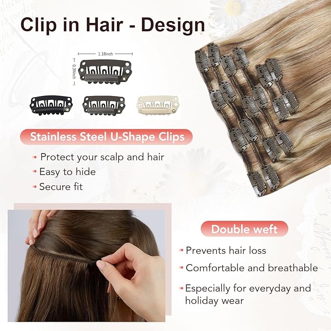 XDhair Clip in Hair Extensions 100g 16 Inch Balayage Hair Extensions Clip in Human Hair Golden Brown to Light Blonde Straight Real Human Hair Extensions Clip ins for Women 6pcs #10/27/27 16 Inch