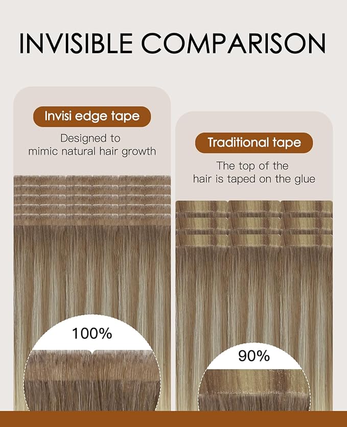 VINBAO Invisi Edge Tape in Hair Extensions Human Hair, Balayage Ombre Ash Brown to Platinum Blonde 40g 20pcs Seamless Injected Tape Ins Hair Extensions Natural Look 14inch #8T60