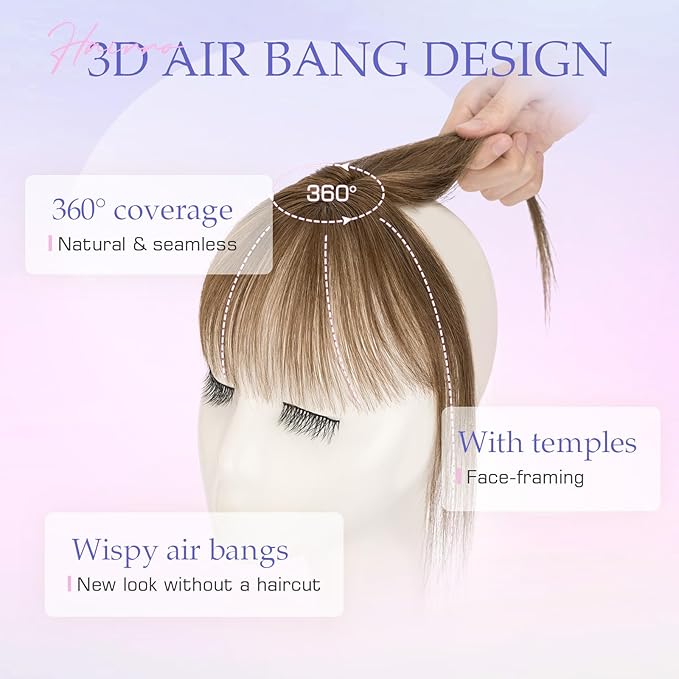 Hairro Bangs Hair Clip 3D 360°Cover Clip On Bangs Remy Human Hair Topper With Bangs Fringe French Bangs With Temples Clip In Bangs Hair Extensions 8 Inches 10g #04 Medium Brown