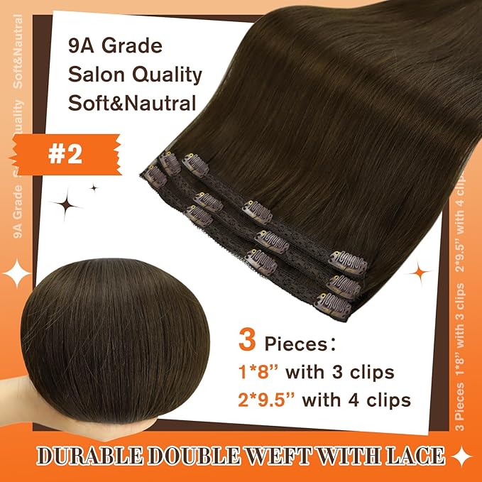 Full Shine Dark Brown Hair Extensions Real Human Hair Clip ins Brown Real Hair Clip in Extensions for Woman Straight Hair 14 Inch 3 PCS 60 G