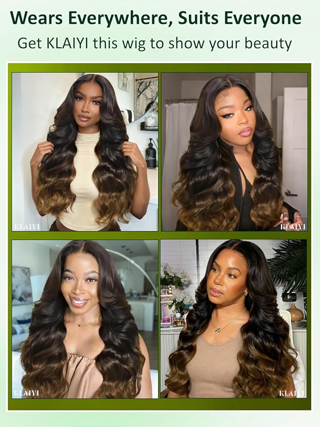 KLAIYI Ombre Brown Loose Body Wave 13x4Pre Everything Lace Frontal Chestnut Brown Drawstring Wig with Face Framing Layers Precut Lace Pre Plucked Bleached Bye Bye Knots Ready to Wear and Go Wig 16Inch