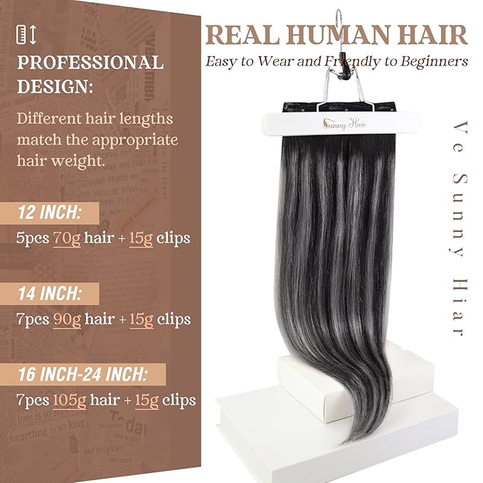 Ve Sunny Real Hair Extensions Clip in Human Hair Black Ombre Grey Balayage Remy Clip in Hair Extensions Human Hair Full Head Set 18inch 7pcs 120g