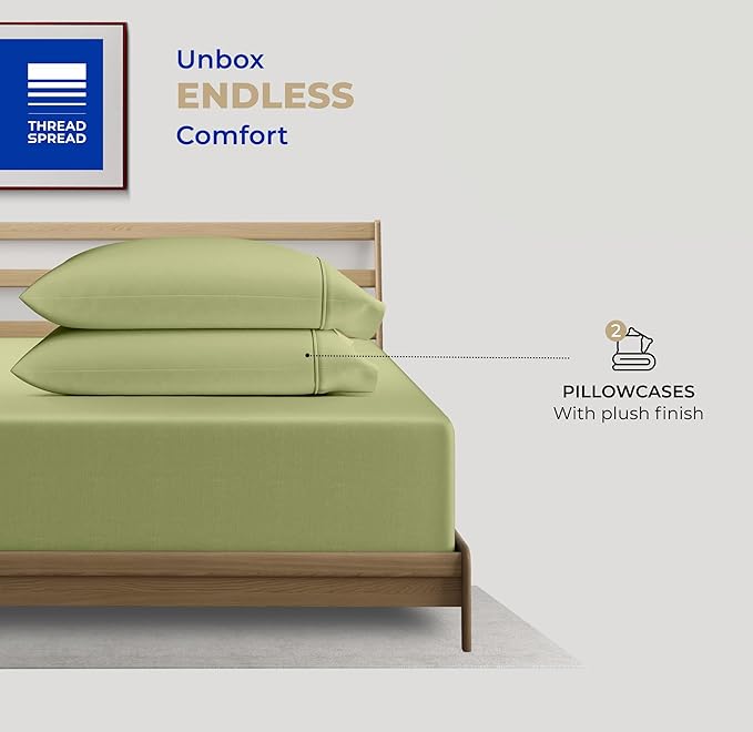 THREAD SPREAD 100% Cotton King Size Pillow Cases Set of 2-400 Thread Count Pillow Cases King Size Set of 2 (Sage Green), Luxuriously Soft Hotel Quality Sateen Weave Pillowcases, Crisp & Cool