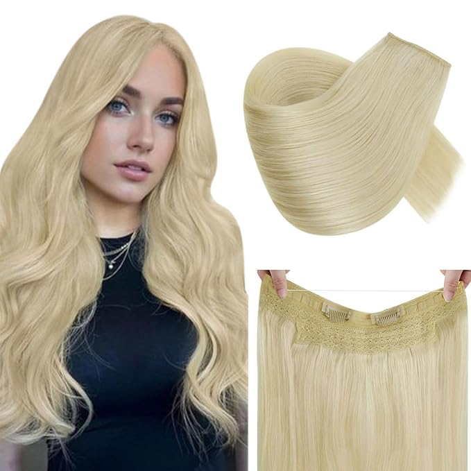RUNATURE Wire Hair Extensions, Bleach Blonde Human Hair Extensions with Fish Line, Secret Clip in One Piece Extensions, Natural Remy Hair, Can Be Styled, 20 Inch 100g #24