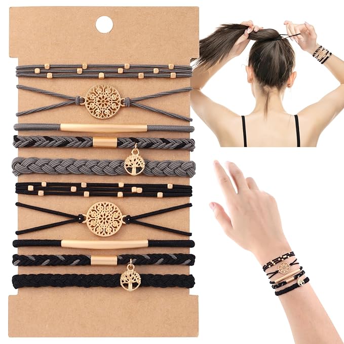 DIYDEC 10PCS Hair Ties Bracelet for Women 5 Styles Soft Braided Boho Hair Bands Elastic No Damage Hair Ties for Girls thick Thin Long Curly Hair Accessories(Black and Grey)