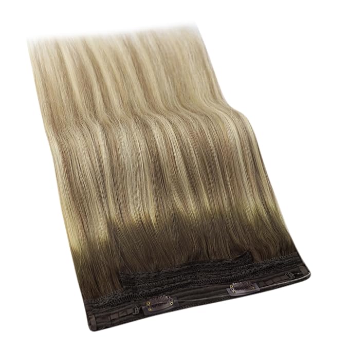 YoungSee Invisible Wire Hair Extensions Brown Balayage Human Hair Wire Extensions Walnut Brown Ombre Blonde Highlights One Piece Hair Extensions Heat-Stylable Straight Hair 16inch 80g