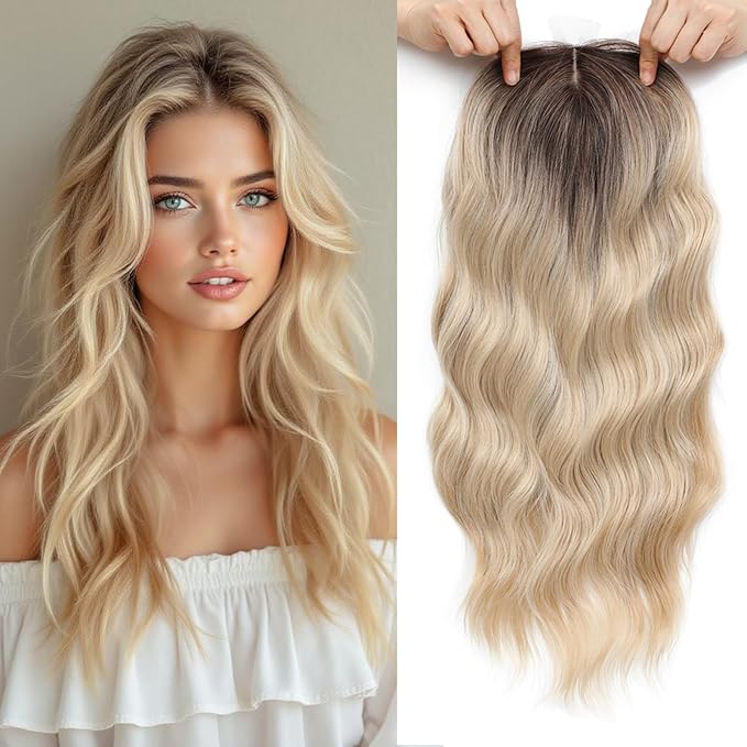 Hair Topper, 360° 3D Hair Toppers for Women with Thinning Crown, 20 Inch Long Wavy Curly Hair Pieces Clip in Bangs (Highlights Champagne Blonde with Brown Root, 20 inch, Side Bangs)