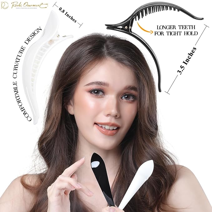 RC ROCHE 6 Pcs Duck Bill Alligator Hair Clips for Women Sectioning Flat Claw Long Thick Hair Inner Teeth Curved Styling Jaw Strong Secure Grip Salon, Medium Black & White