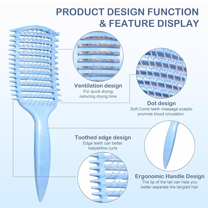 Curly Hair Brush & Curl Defining Brush – Easily Detangles Knots with Less Pulling – Styles Wet or Dry Hair, Tames Frizz for All Curl Types (Watercolor Blue)