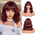 Wine Red Wig With Bangs Wave Bob Wigs for Women 14 Inch Short Loose Wavy Heat Resistant Synthetic Wig Shoulder Length Hair for Daily and Cospaly Party Use