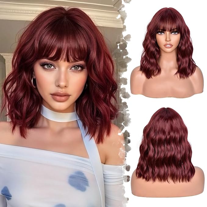 Wine Red Wig With Bangs Wave Bob Wigs for Women 14 Inch Short Loose Wavy Heat Resistant Synthetic Wig Shoulder Length Hair for Daily and Cospaly Party Use