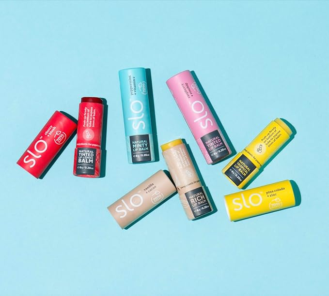 Slo | Natural Lip Balm - All Natural Ingredients, Vegan & Cruelty Free, Hydrating & Soothing, Plastic Free, Paper Packaging | Peppermint + Vitamin E, 0.28oz