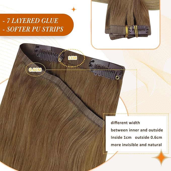 Full Shine Seamless Clip in Hair Extensions Human Hair Ombre Light Brown to Blonde Invisible Hair Extensions Skin Weft Ease of Use 14 Inch 8 PCS 120 Grams