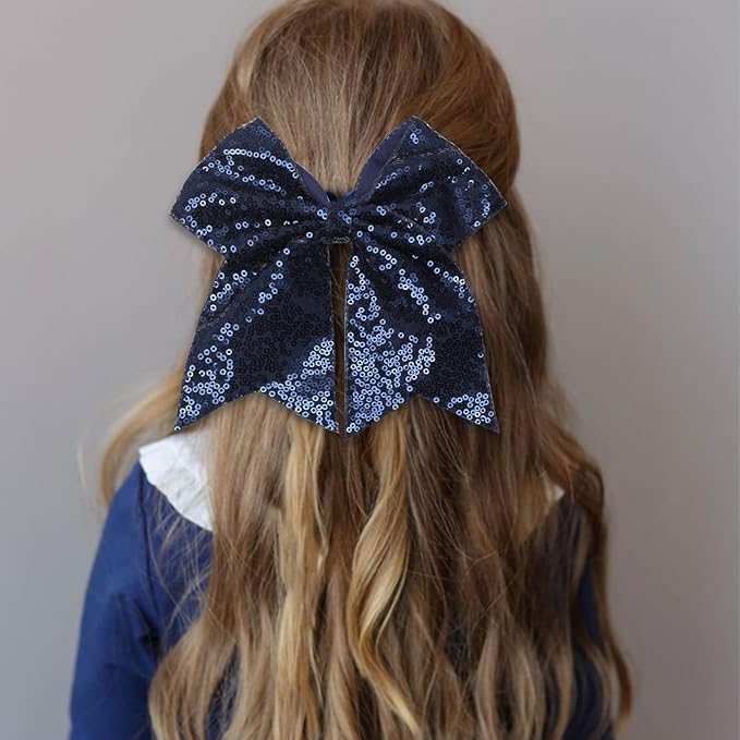 Large Glitter Cheer Bows Clips, Jumbo Big 7 Inch Cheerleading Sequin Hair Bow Hair Accessories for Teens Girls Football Sports Cheerleader Outfit Uniform (Navy Blue)
