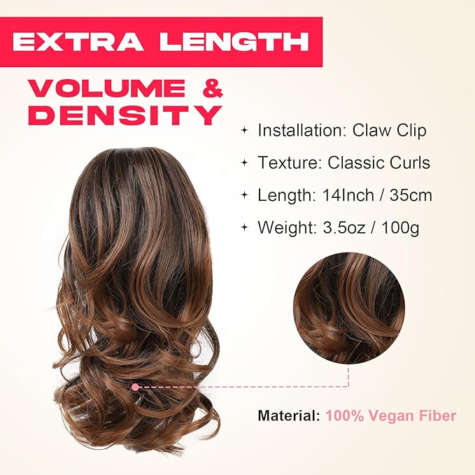 Ponytail Extension - 14" Claw Clip in Ponytail Hair Extensions Natural Soft Synthetic Layered Wavy Pony Tail Hair Pieces for Women - Auburn Brown