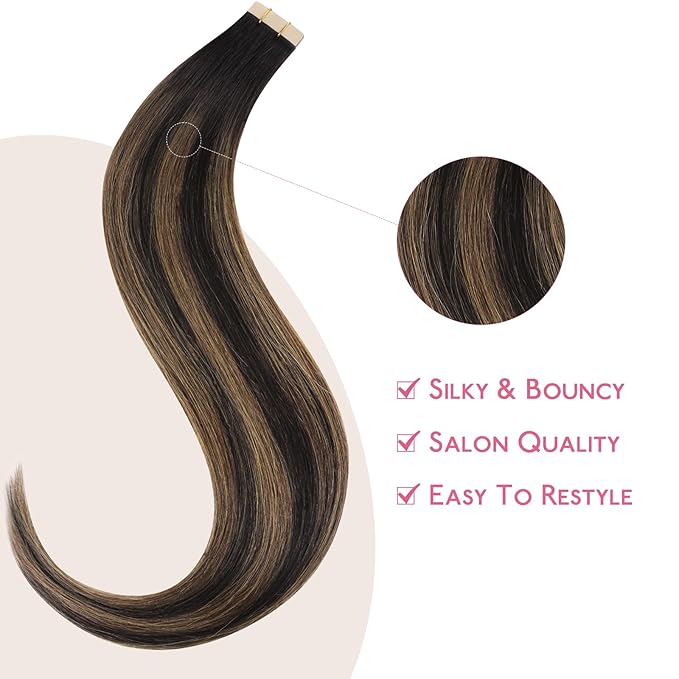 WENNALIFE Tape in Hair Extensions Human Hair Balayage Natural Black to Chestnut Brown Tape in Extensions, 10pcs 30g 24 inch Remy Invisible Tape Ins Straight Soft Real Human Hair Tape in Extensions